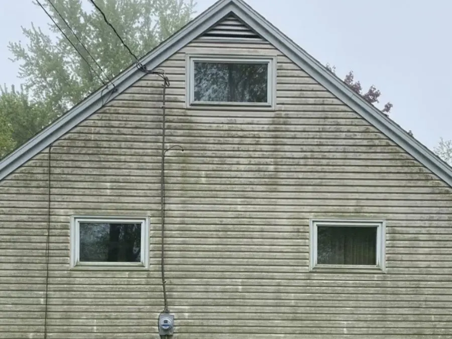 Vinyl siding on a Northeast Ohio home before soft washing, with heavy green algae staining and dirt streaks across the gable wall.